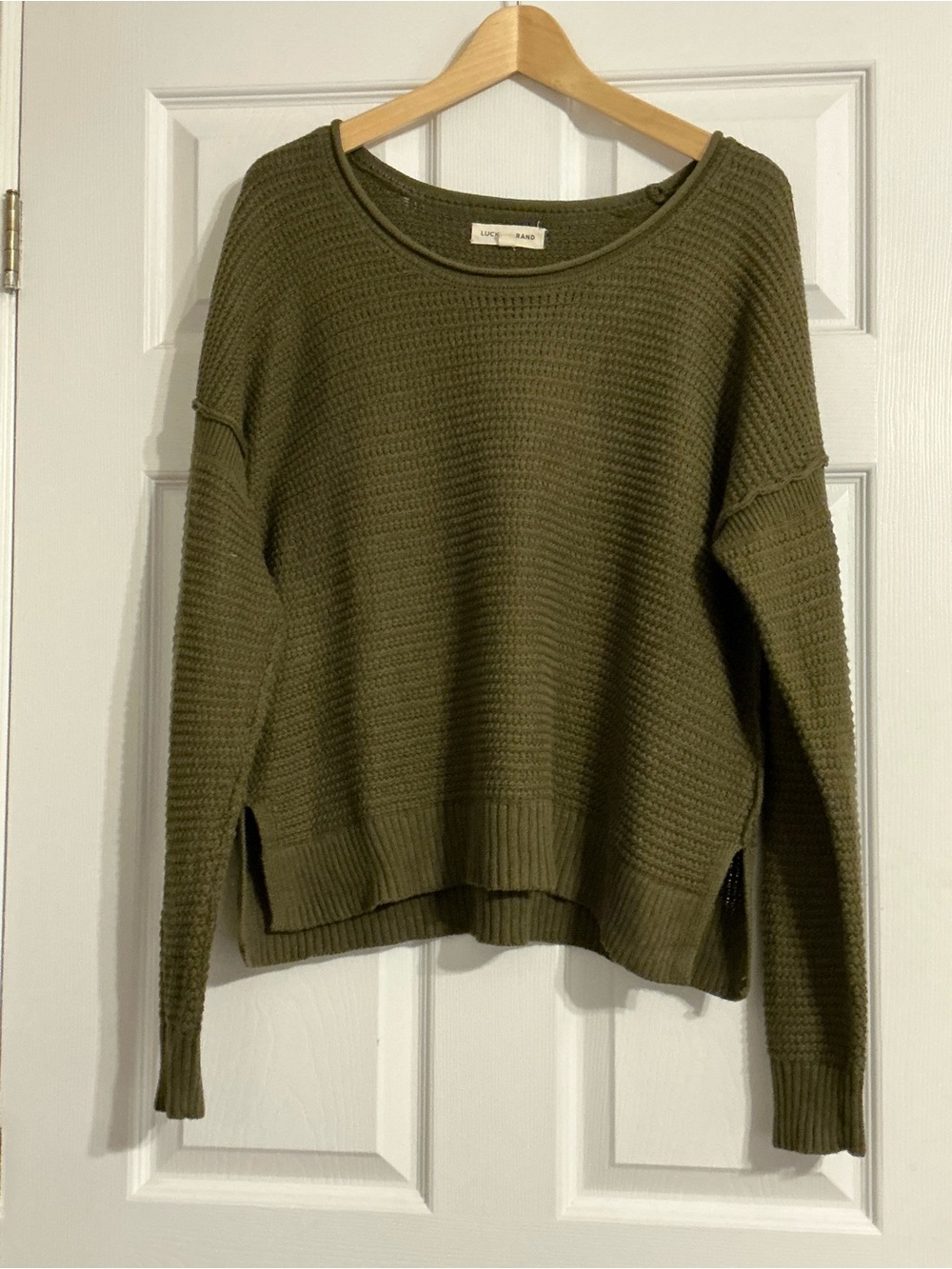 Lucky Brand Slouchy Olive Green Waffle Knit Roll Top Crewneck Sweater